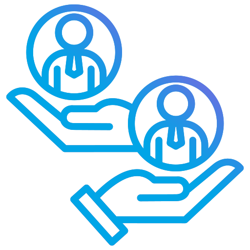 Two stylized hands facing upwards, each holding a simplified human figure within a circle, representing the concept of providing or accessing talent