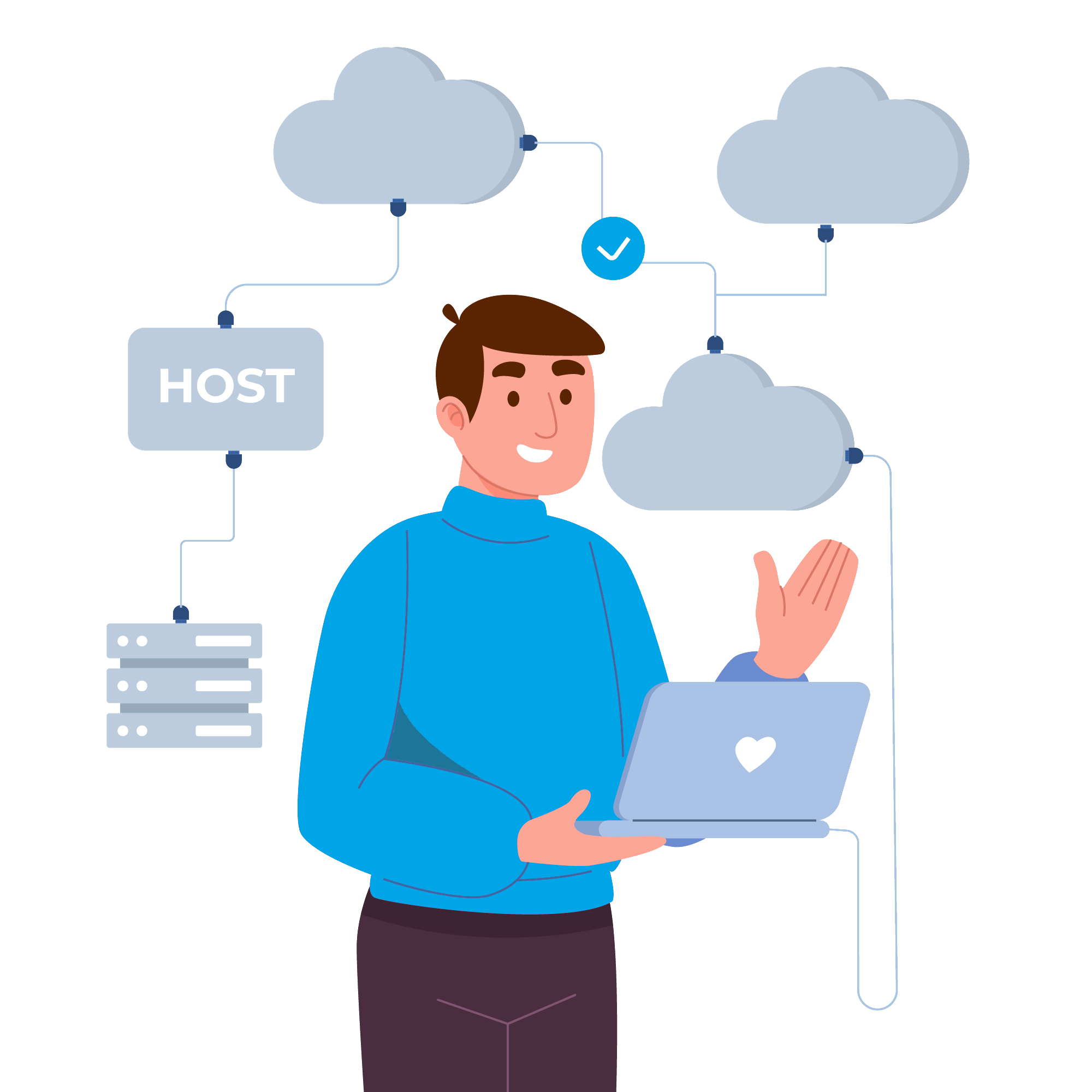 Illustration of a DevOps professional with a laptop surrounded by cloud icons representing cloud hosting, deployment & management processes.