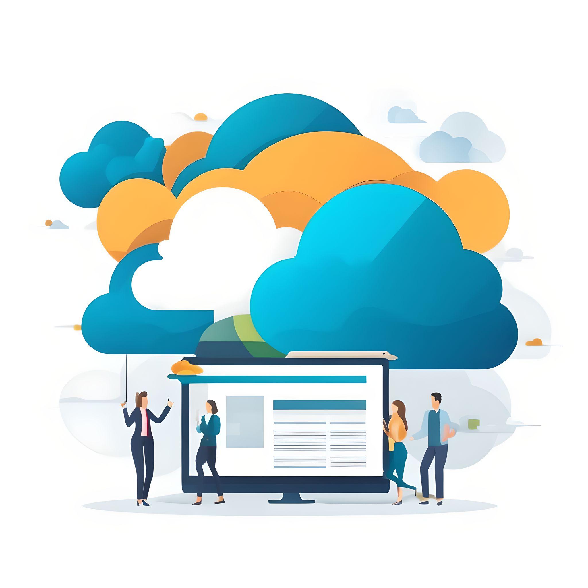 Cloud computing team collaboration illustration with stylized clouds and computer monitor