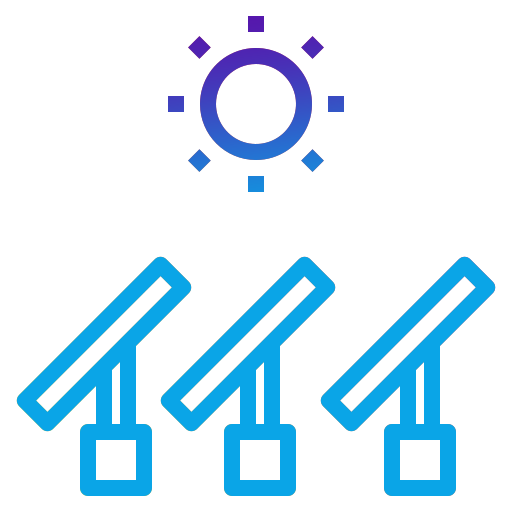 Stylized graphic of three blue solar panels and a central sun icon.